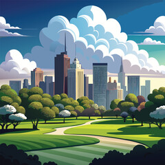 Urban park with winding path and distant city skyline