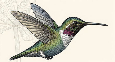 Obraz premium Hummingbird in Flight Illustrated with Detailed Feathers and Color