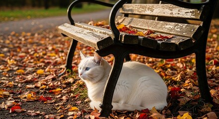 white cat under bench in autumn park a serene moment resting amongst fallen leaves evoking the peacefulness of fall and seasonal change