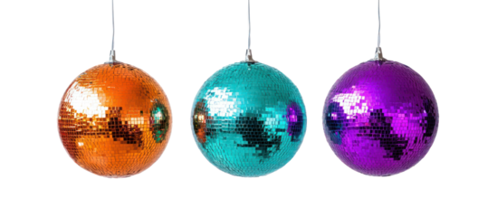 Three hanging disco ball ornaments in orange teal and purple isolated on transparent background