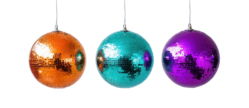 Three hanging disco ball ornaments in orange teal and purple isolated on transparent background