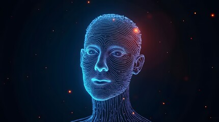 Futuristic digital human face rendered in glowing blue lines, representing AI and technology concepts with glowing particles