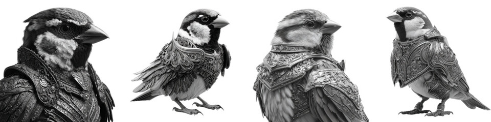Unique collection of sparrows in grayscale, perfect for nature lovers, ornithology studies, or whimsical designs; a distinctive element with natural charm and detail