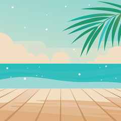 Wooden Deck Overlooking Turquoise Ocean and Palm Frond