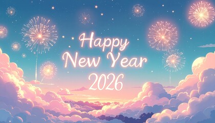 Japanese Sunset Style Happy New Year 2026 Background with Elegant Script and Vibrant Colors
