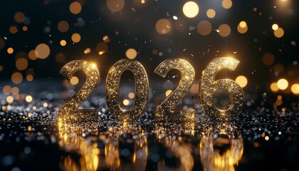Sparkling Gold 2026 New Year Numbers on Reflective Surface with Glowing Lights and Bokeh Background Isolated on White png Download for Social Media Advertisement Banner