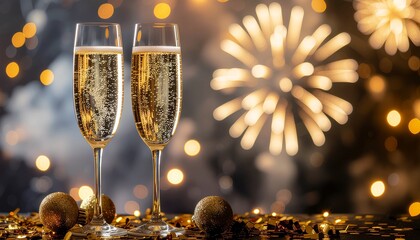 New Year Celebration with Champagne and Sparklers on Bokeh light Background