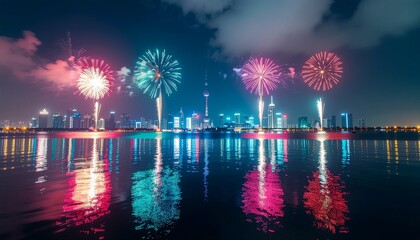 New Year fireworks in night city skyline, festive background