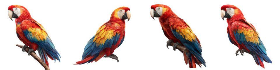 Stunning collection of vibrant Scarlet Macaws perched gracefully on branches, showcasing exotic plumage and captivating beauty, perfect for nature lovers, vibrant designs