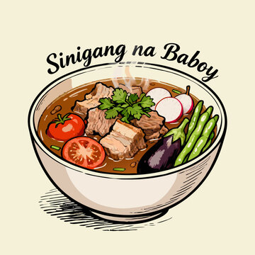 Vector illustration of a steaming bowl of traditional Filipino sour pork soup with fresh vegetables, sinigang na baboy