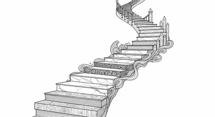 An intricately detailed hand-drawn illustration depicting a grand, elegant winding staircase, ascending gracefully with ornate decorative elements in a classic, sophisticated architectural style