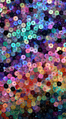 Abstract blurred festive background - fabric waves with colorful sparkling sequins, copy space, vertical banner