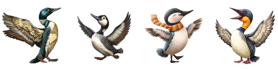 Whimsical loon cartoon collection, cheerful birds in playful poses, perfect for children's illustrations and nature-themed designs, fun avian characters with delightful expressions