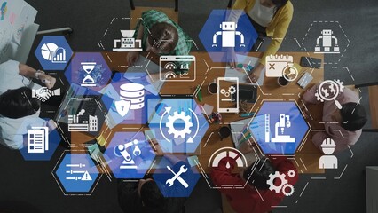 Predictive maintenance icons for industry, automation, smart factory and manufacturing showing data...