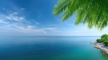 Vibrant Tropical Ocean Panorama With Lush Green Palm Fronds Overhanging A Rocky Shoreline Under A Clear Blue Sky With Wispy Clouds And Sparkling Water In Sunlight