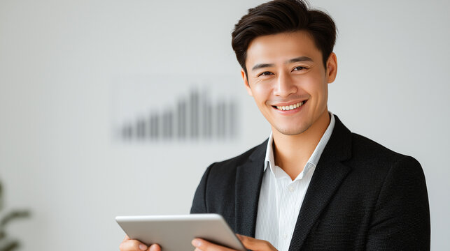 Confident Businessman in Modern Office: A distinguished asian businessman, radiating confidence, holds a digital tablet in a bright, modern office setting, embodying the spirit of business leadership.