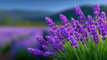 Close Up Of Vibrant Purple Lavender Flowers Blooming In A Field With Soft Focus Distant Hills And Blue Sky Overhead With Bright Sunlight