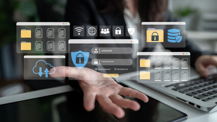 Secure login and file management interface with folder, password, and encryption icons for...