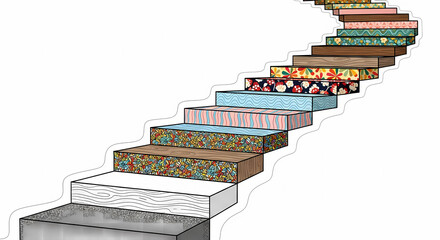 A winding staircase of brightly patterned steps symbolizes a journey of growth, progression, and diverse experiences towards achieving new milestones and personal development