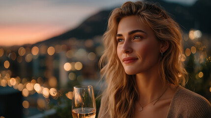 Golden Hour Toast: A woman with flowing blonde hair raises a glass of sparkling wine against a backdrop of city lights at sunset, capturing a moment of serenity and reflection. 