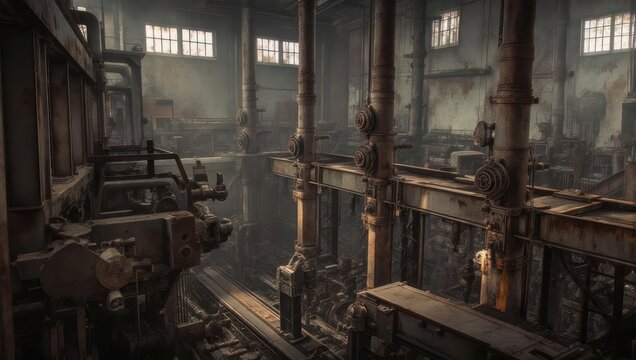 Decayed factory interior with machinery, pipes, and grimy ambiance under diffused light