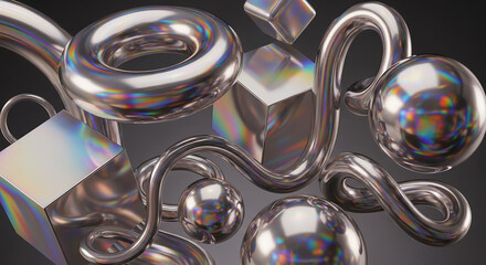 Holographic metallic geometric shapes floating abstract background