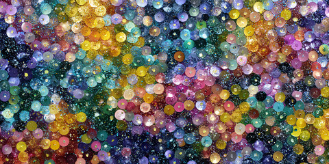 Abstract blurred festive background - fabric waves with colorful sparkling sequins, copy space, horizontal banner