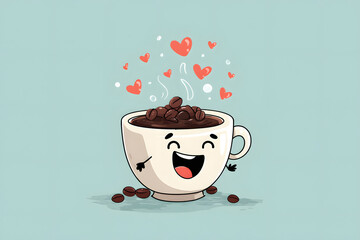 Cute coffee cup character with coffee beans and hearts floating above in a playful scene