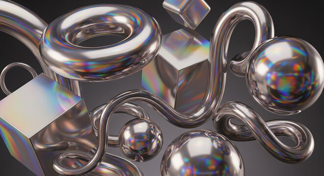 Holographic metallic geometric shapes floating abstract background