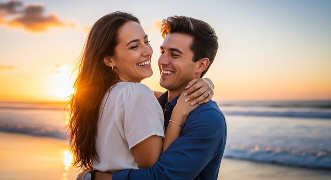 Young couple embracing on beach at beautiful sunset