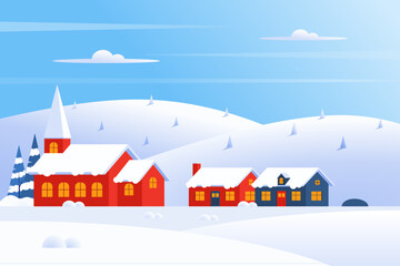 Winter snowy village scene with a church and houses nestled among rolling hills under a clear blue sky, evoking a peaceful holiday atmosphere. Vector illustration.