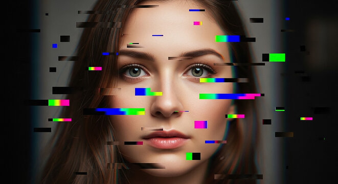 Woman's face glitching with digital pixel error effect