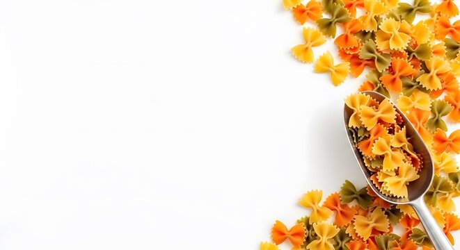 Farfalle Pasta on White: Tri-Color Bow Tie Pasta and Scoop Food Background - Powered by Adobe