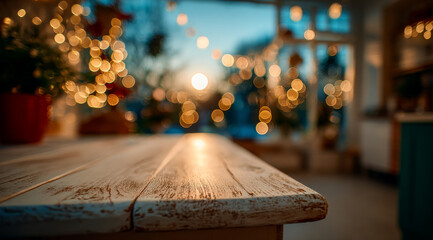 White rustic table in festive room at sunset
