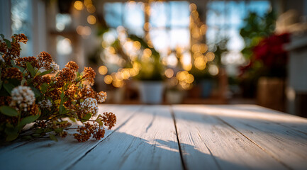 Rustic white table with flowers and warm bokeh lights
