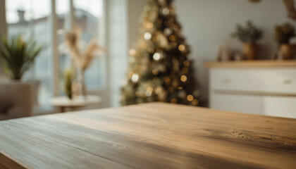 Rustic wooden table with blurred Christmas background
