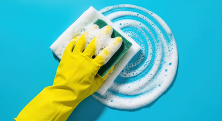 Cleaning Concept Hand With Glove Holding Sponge On Turquoise Blue Background Surface Hygiene Sanitization Wash Disinfection Flat Lay