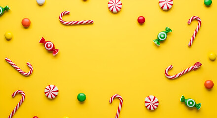Festive Holiday Sweets and Candies Arranged in a Colorful Pattern on a Bright Yellow Background for a Joyful Celebration