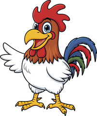 Cartoon rooster character, white feathers, red comb, colorful tail, waving wing, cheerful expression, vector illustration, farm animal, digital artwork