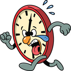 Cartoon running clock character, expressive face with sweat and tongue, urgency concept, vector illustration, isolated design, time management theme