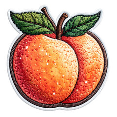 embroidered peach patch sticker, stitched patchwork icon isolated on white transparent background