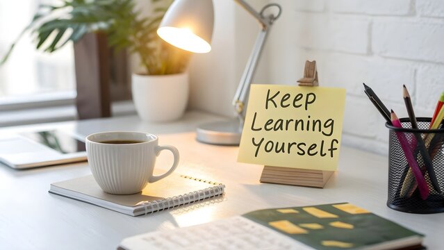 Inspiring workspace with coffee and a motivational sticky note