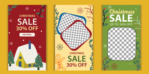 Festive Christmas sale social media story templates featuring holiday-themed designs and promotional offers for seasonal marketing campaigns.