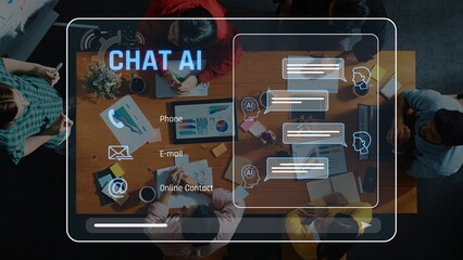 Explore a modern office environment showcasing collaboration through chat AI technology, enhancing communication and interaction among team members for improved productivity. Raster