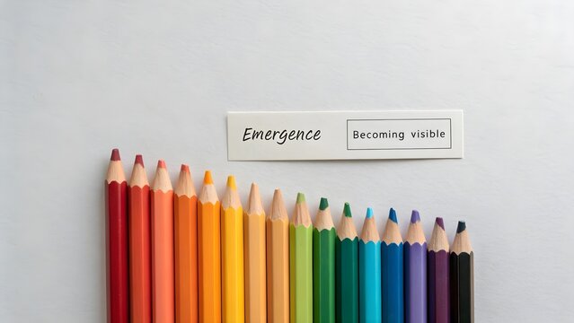 Colored pencils transitioning from dull to bright on a white background