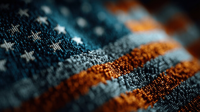 Close up view of abstract representation of American flag, featuring vibrant colors and textures that evoke sense of patriotism and pride. intricate details create visually striking effect