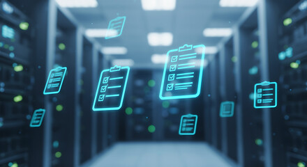 Data management and compliance concept with digital clipboard icons floating in a server room, symbolizing data protection, regulatory standards, and efficient information processing