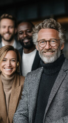 Fototapeta premium Diverse group of professionals smiles together, showcasing sense of teamwork and collaboration. individuals display range of styles, from casual to formal, in modern setting