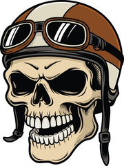 Cartoon skull with helmet, vintage motorcycle gear, goggles on head, biker theme, vector illustration, digital artwork, edgy graphic design
