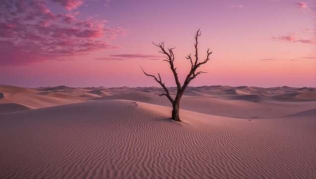 Desert scene at dusk, with a lone skeletal tree silhouetted against a colorful sky